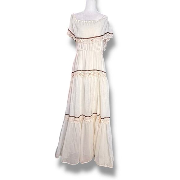 Vintage 70s Prairie Maxi Dress Brown Dark FloryLace Ribbon Trim Off Shoulder - Picture 1 of 12